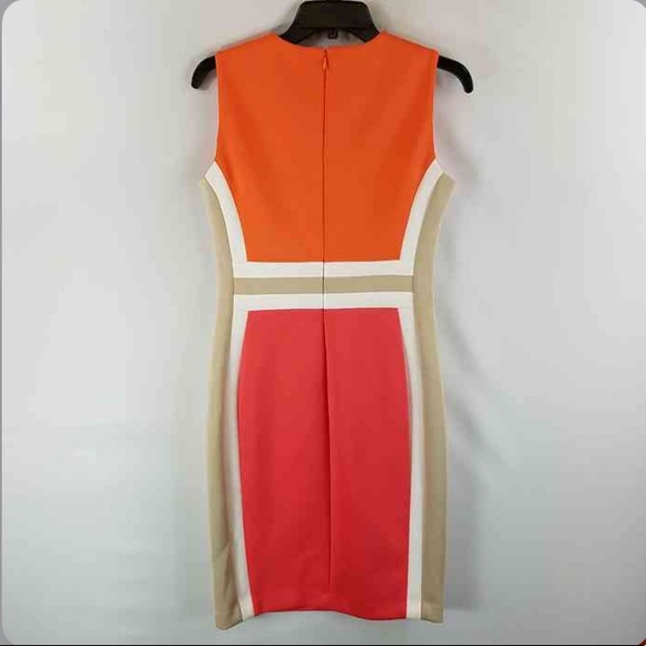 CALVIN KLEIN COLORBLOCK SCUBA BANDAGE SHIFT DRESS SZ 2 SUMMER ORANGE PINK - Picture 3 of 9
